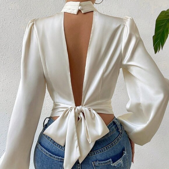 Beige Preppy Womens Tie Backless Lantern Sleeve Crop Blouse - Picture 2 of 5